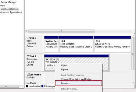 فرمت فلش مموری با disk management